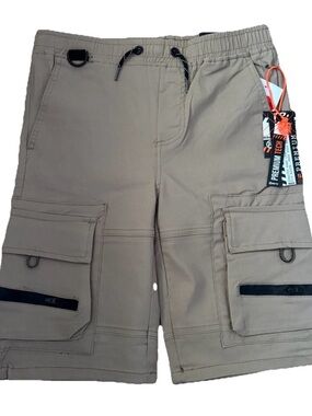 RGSTR Boys Premium Tech Cargo Shorts with Elastic Waist in Khaki - 14/16
